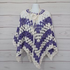 Crochet White & Purple Winter Shaw Shrug Wrap Poncho Sweater Top Cover